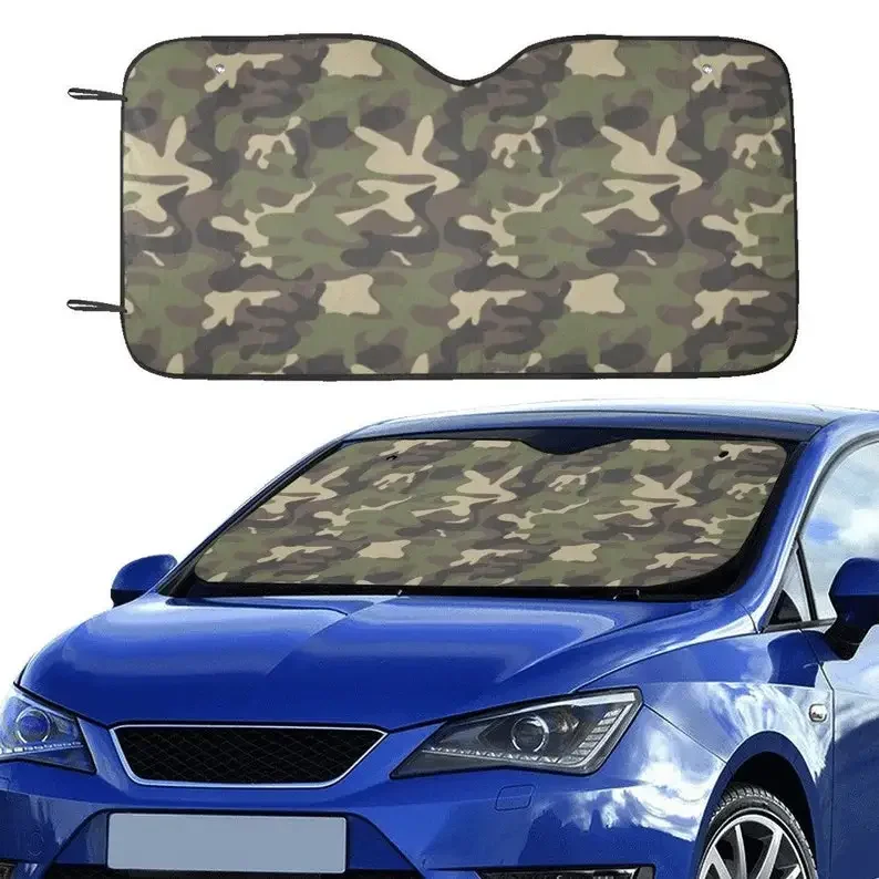 Camo Windshield Sun Shade, Green Army Camouflage Car Accessories Auto Vehicle Protector Window Visor Screen Decor 55