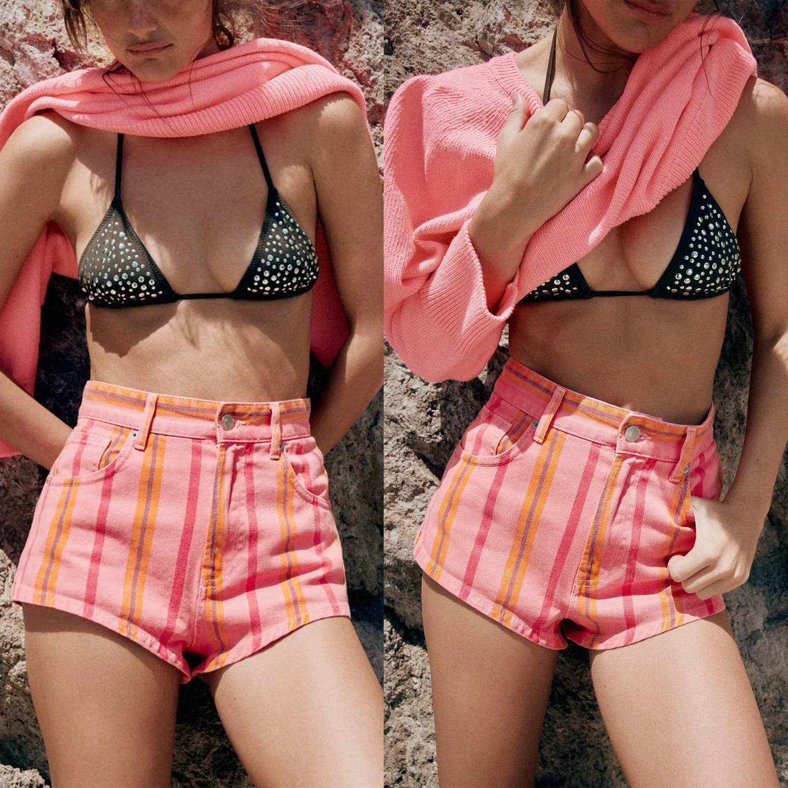2026 New Pink Color Striped Casual Straight Women's High Waist Denim Shorts