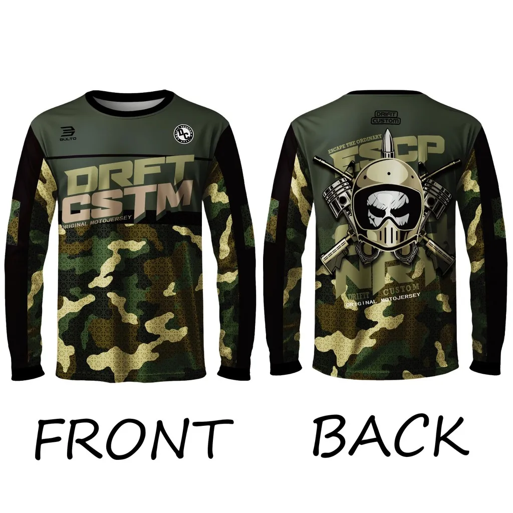Men's Long-Sleeve MTB Jersey – Tactical Camouflage & Biker Skull Graphic Quick-Drying, Breathable Street-Racing Style Sportswear