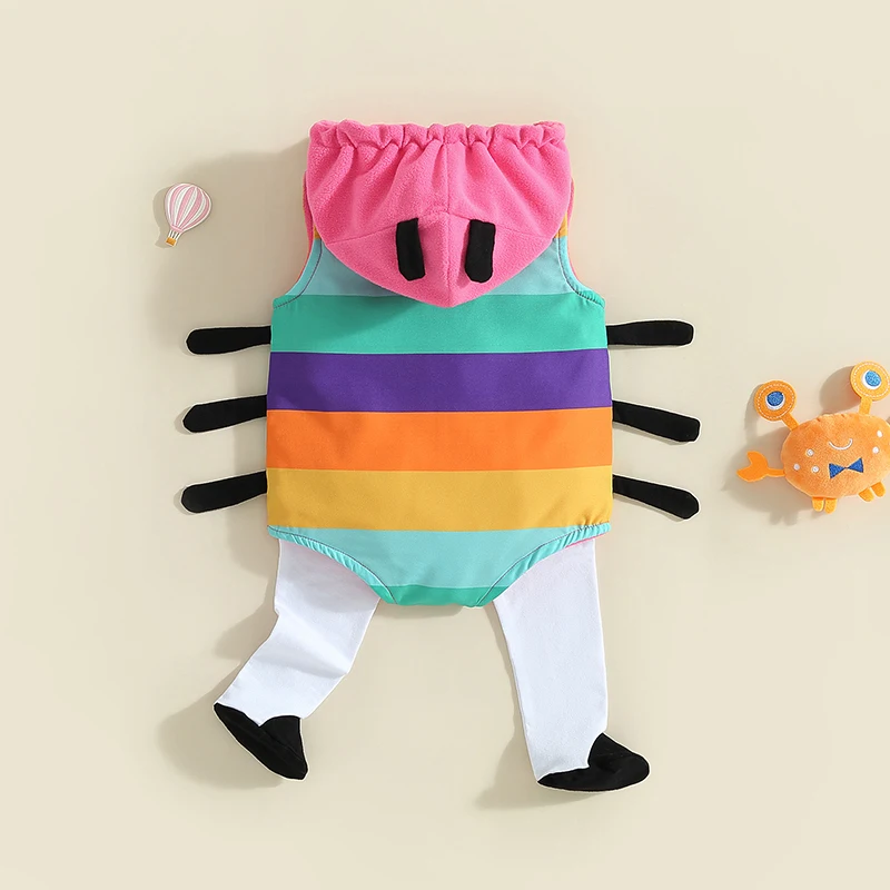 Adorable Infant Caterpillar Outfit Colorful Striped Sleeveless Jumpsuit with Hood and Zipper Closure Matching Booties for