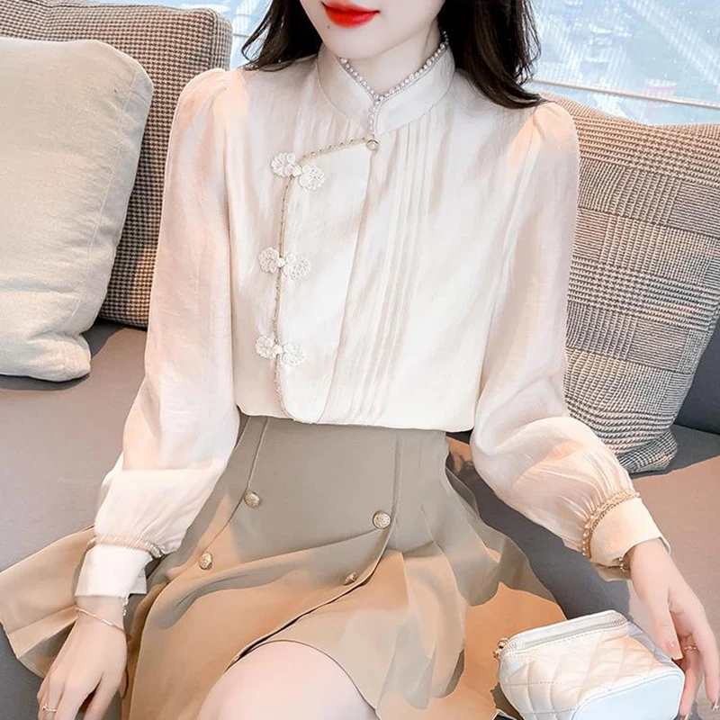 

Long Sleeve Chiffon Tops for Women 2023 Spring Fashion Pearl Stand Collar Blouse Woman Vintage Knot Button Pullover Shirt