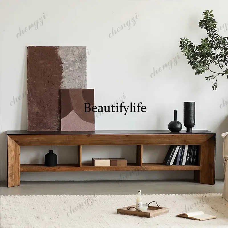 C178 Wabi Sandy Wind Color Matching Solid Wood TV Cabinet Rectangle Old Pine Floor Log Retro Homestay Decoration Cabinet Simple