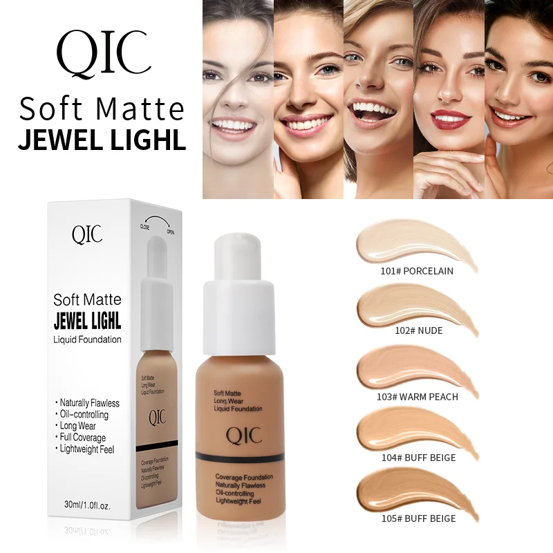 QIC Base Líquida Hidratante Rosto de Longa Duração Natural Iluminar Tono Base Facial Maquiagem 30ml