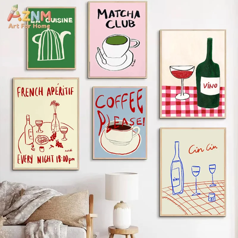 AZNM Retro-Küchen-Leinwand-Wandkunst, Kaffee, Matcha, Wein, französischer Aperitif, handgezeichnete Typografie mit Lebensmitteln und Getränken, Café-Dekor, ungerahmte Leinwand