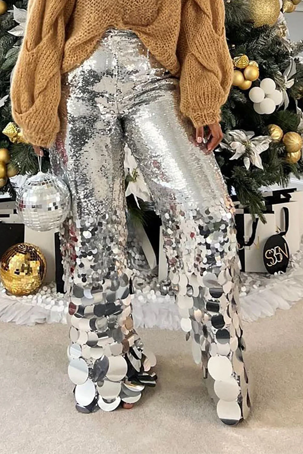 Plus Size Party Pant Silver Straight Leg Asymmetrical Casual Sequin Pant Shiny High Waist Streetwear Novelty Trousers 2024