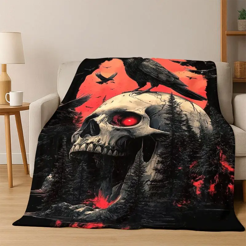 Gothic Raven Crow Skull Cartoon Flannel Blanket Soft Warm Blanket Throw Blanket for Bedroom Living Room Bed Travel Camping Gift