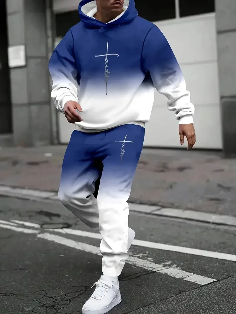 Autumn and Winter Men Hoodie Set Men Letter Pattern Gradient Color Hoodie Set Men Casual Set Men Gradient Set Quick Drying