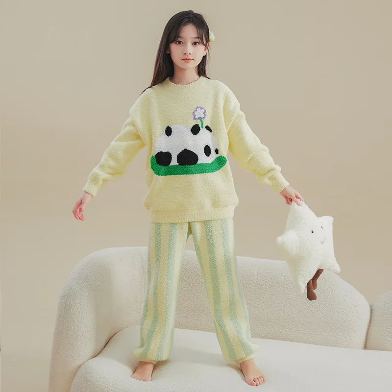 Winter Autumn Flannel Pajamas Girl Pandas Long Sleeve Tops+Pants Suits Cartoon Cute Coral Plush Comfortable Home Pjama Set