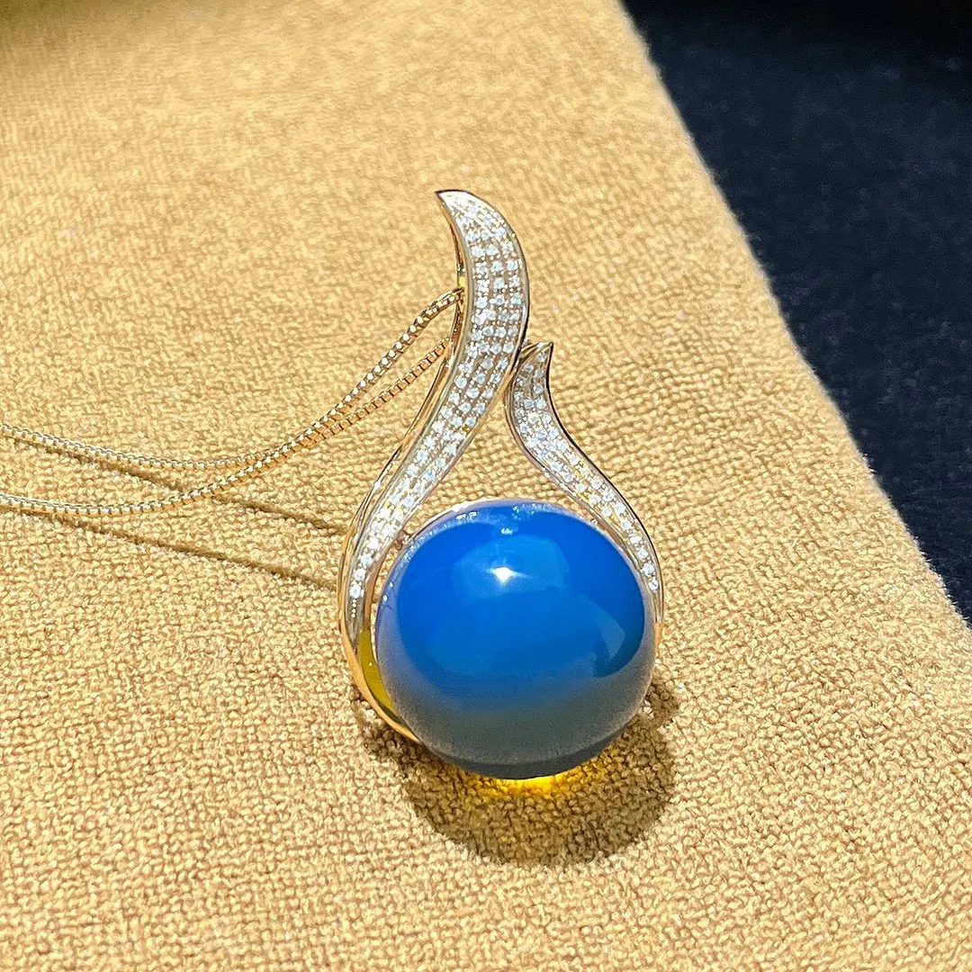 Natural Mexican Blue Amber Pendant 30mm round Bead with Flame Design Sterling Silver Luxury Jewelry Gift for Women