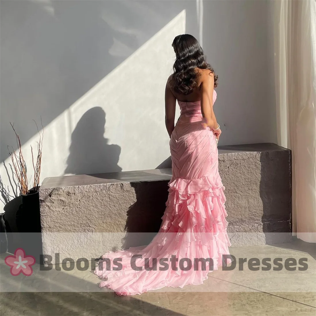 Blooms Pink Ruffles Tiered Customized Evening Dress Mermaid Sleeveless Formal Occasion Floor-Length Gorgeous Wedding Prom Dress