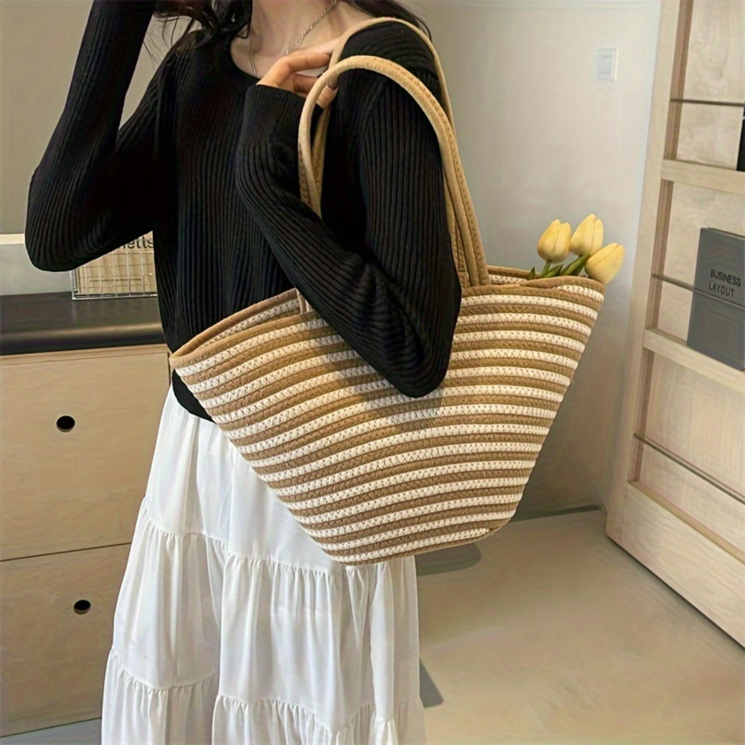 Striped Woven Tote Bag, Large Capacity Shoulder Bag, Fashion Vegetable Basket Handbag For Travel Vacation Beach Picnic