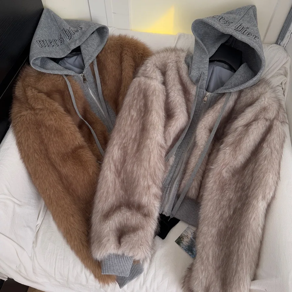 الأمريكية الرجعية تقسم وهمية الفراء مقنعين Jaet المرأة فضفاضة معطف دافئ غير رسمي ألياف البوليستر 2025 الشتاء السيدات Faion #2