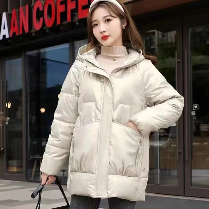 Bright Face Wash Free Down Cotton Jacket Women 2022 Winter Medium length Style Hooded Fashion High-End Padded Coats Female