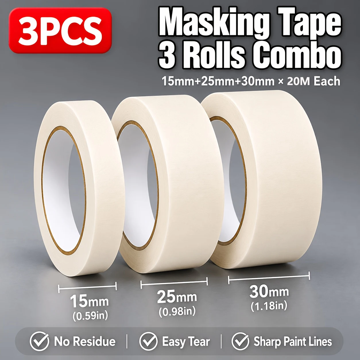 3 Rolls Premium Watercolor Masking Tape – Acid-Free, Medium Tack, 3 Widths (1.5/2.5/3cm) for Artists & Crafting