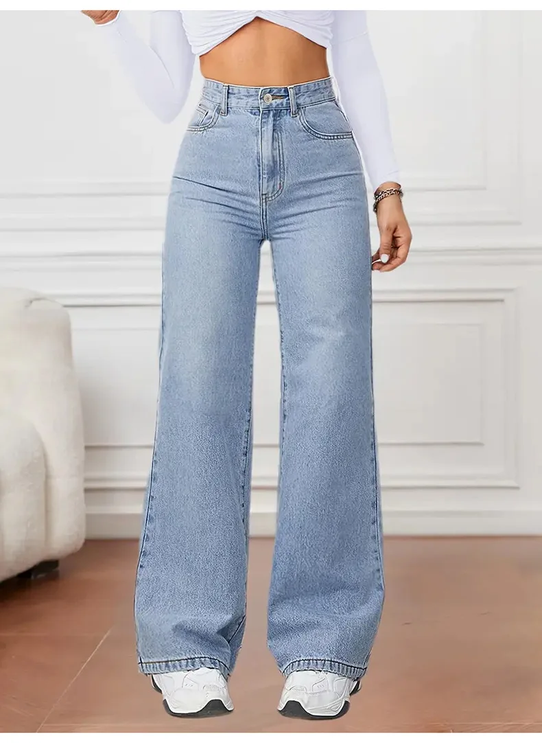 

Mom Jeans Women Denim Jeans Casual Straight Mid Waist Trousers Button Zipper Pants Y2k Streetwear High Strecth Blue 2025 Spring