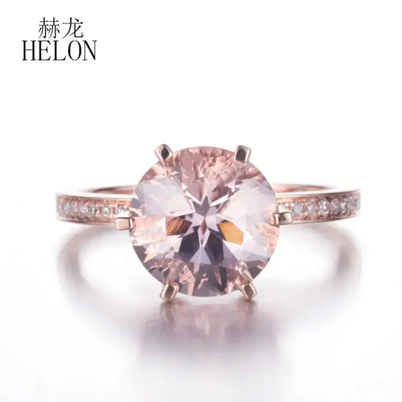 

HELON Solid 14K AU585 Rose Gold Round 8mm Genuine Morganite Diamonds Engagement Ring Women Wedding Band Anniversary Bridal Gift