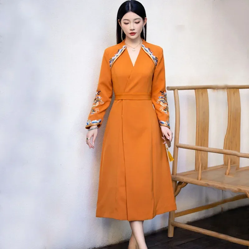 High-end Spring Autumn Women Belt Dress Retro Elegant Embroidery A-line Lady Party Chinese Style Hanfu Dress S-XXL