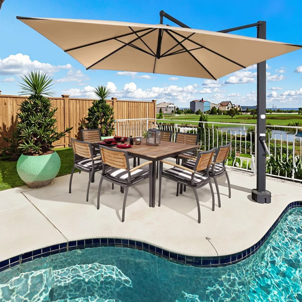 Commercial Terrace Umbrella 280GSM Yarn Dyed Fabric Aluminum Alloy Structure Suitable for Outdoor Areas of Coffee Shops