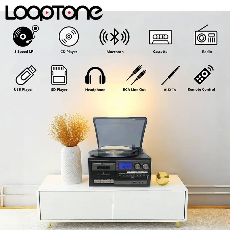LoopTone 3 سرعات الكل في واحد بلوتوث في/خارج متوافق مع القرص الدوار الفينيل LP مشغل تسجيلات الأقراص المضغوطة الكلاسيكية وراديو FM/AM USB REC