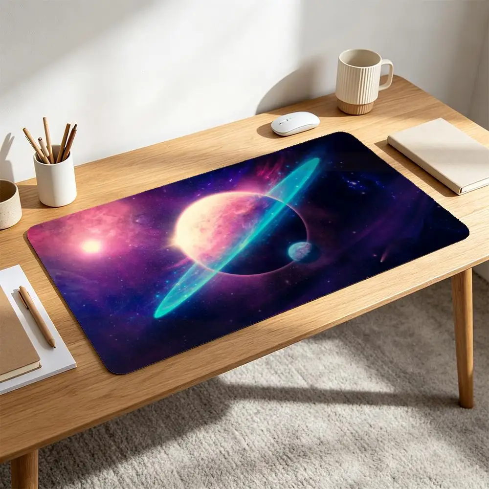 Aesthetic Cosmic Nebula Galaxy Planet Space Large Mouse Pad Non‑Slip Rubber Base Stitched Edge Universe Desk Mat for Home Office