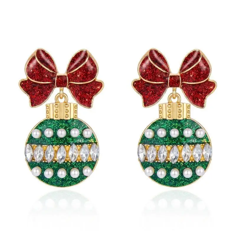 Festive Christmas Bow Ornament Drop Earrings For Women Glitter Red Green Holiday
