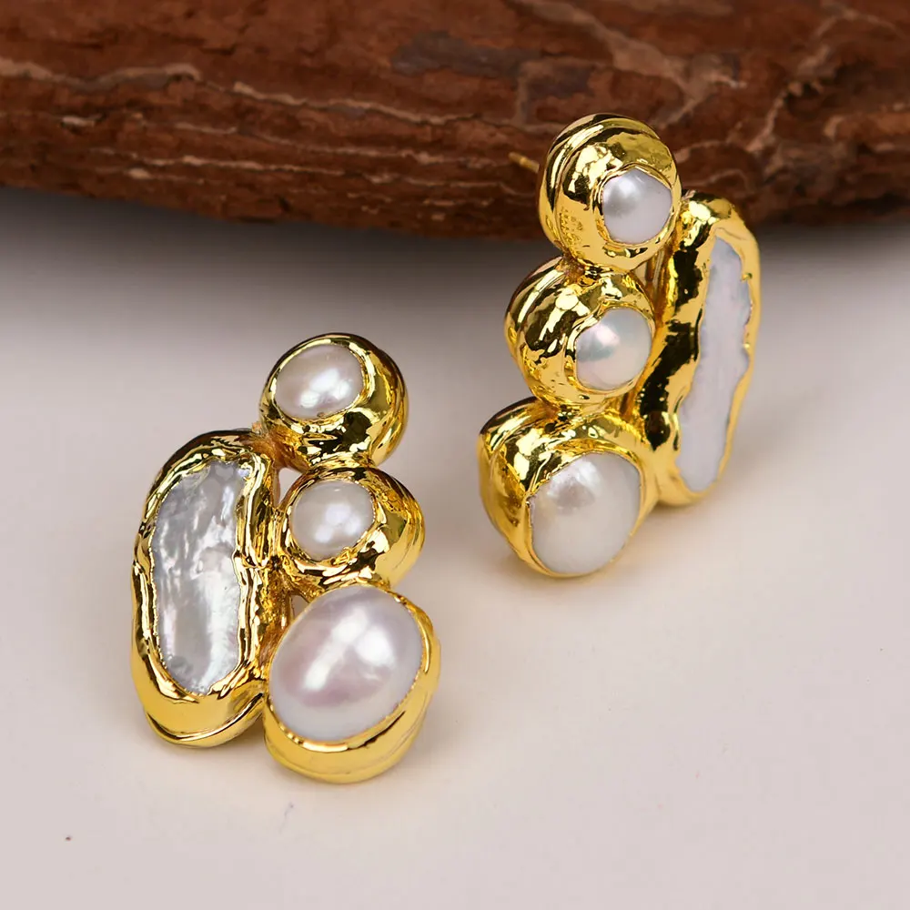 GG Freshwater Cultured White Keshi Biwa Pearl Gold Color Edged Earrings For Women