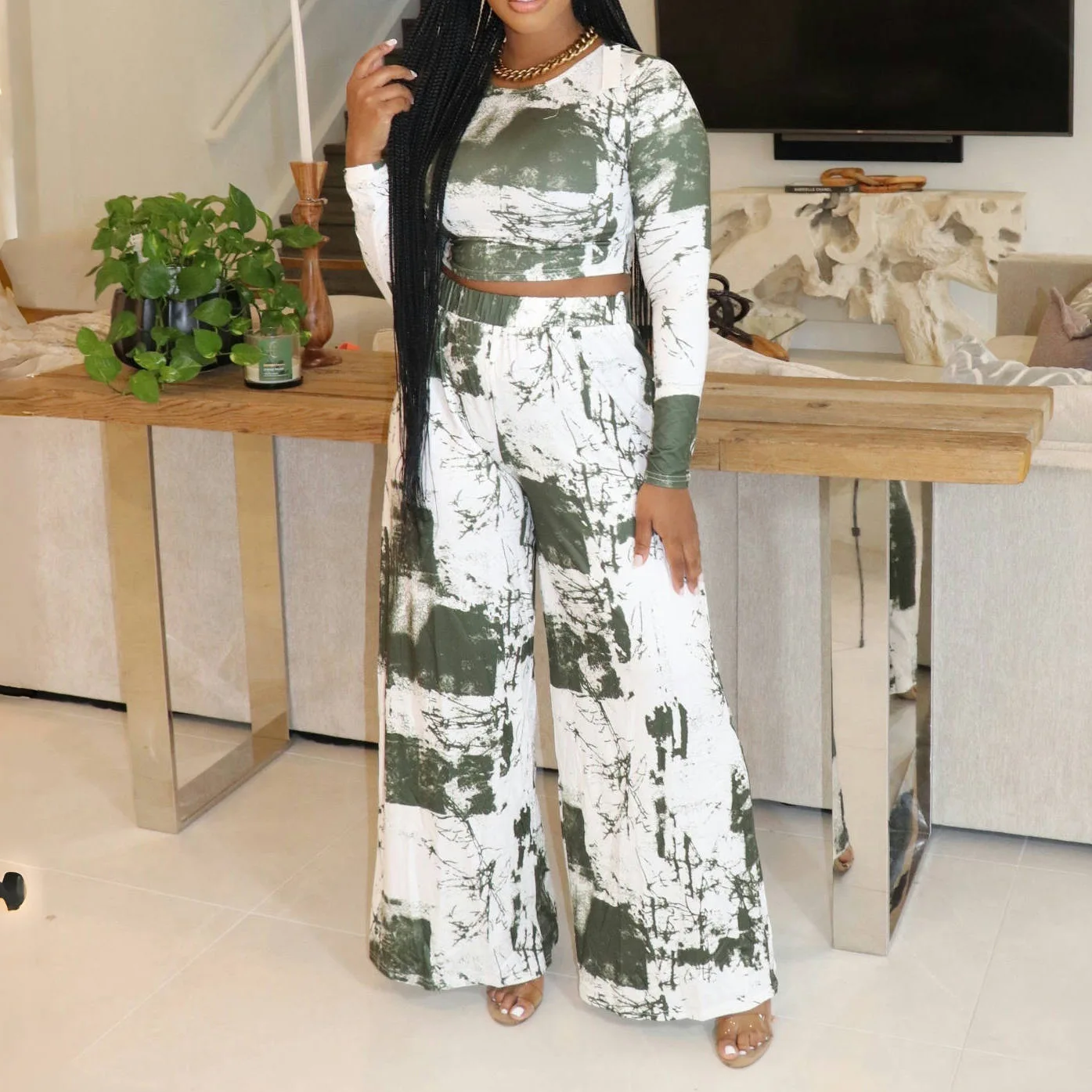 

Two Piece Set for Women Casual Stripe Tie-dye 2 Piece Outfit Long Sleeve O Neck Tops Wide Leg Pants Suit Women Printed Sets