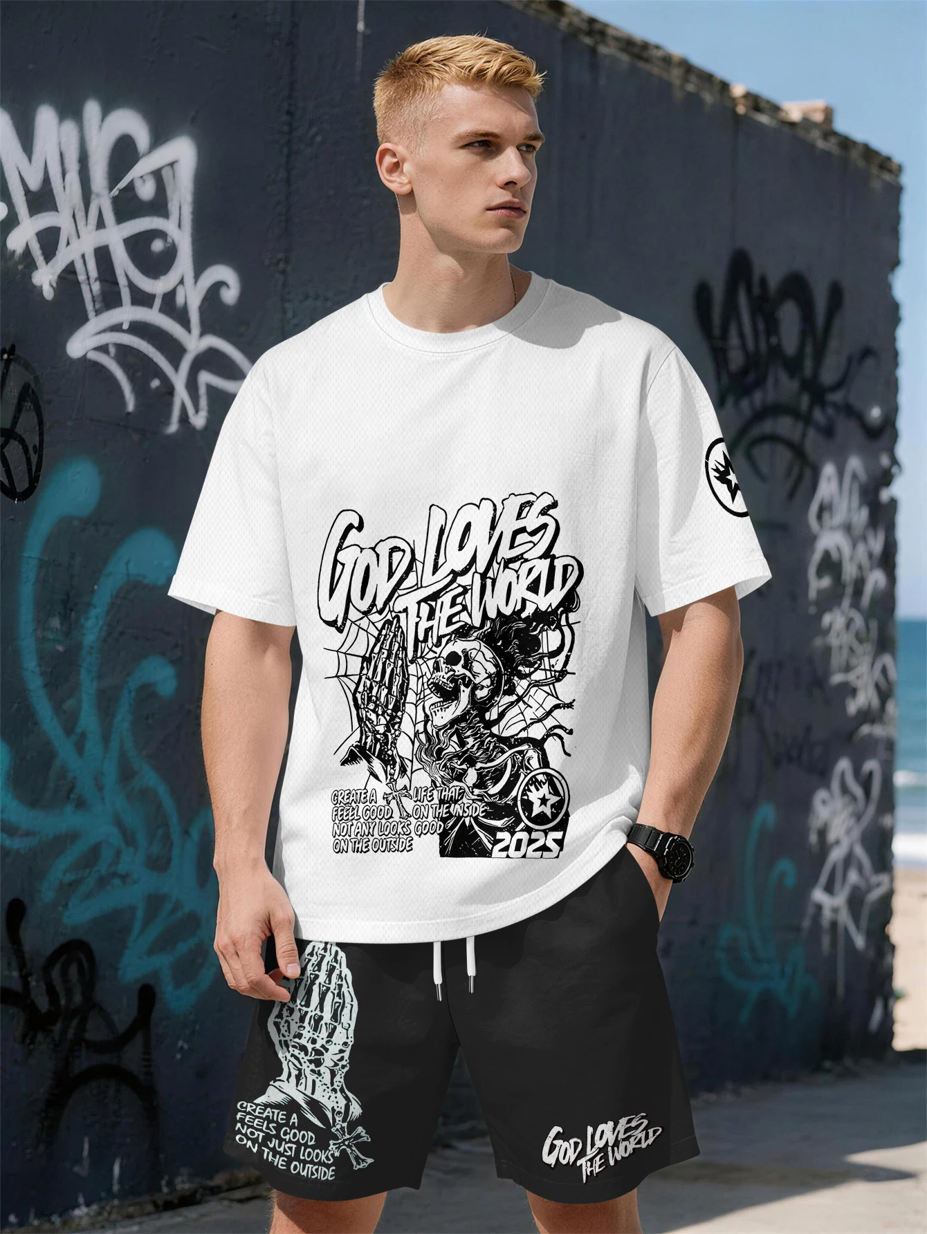 

2026 Summer New Men's Short-Sleeved Set with 3D Simple Letter Print Fashionable Street Style Comfortable Lightweight Soft
