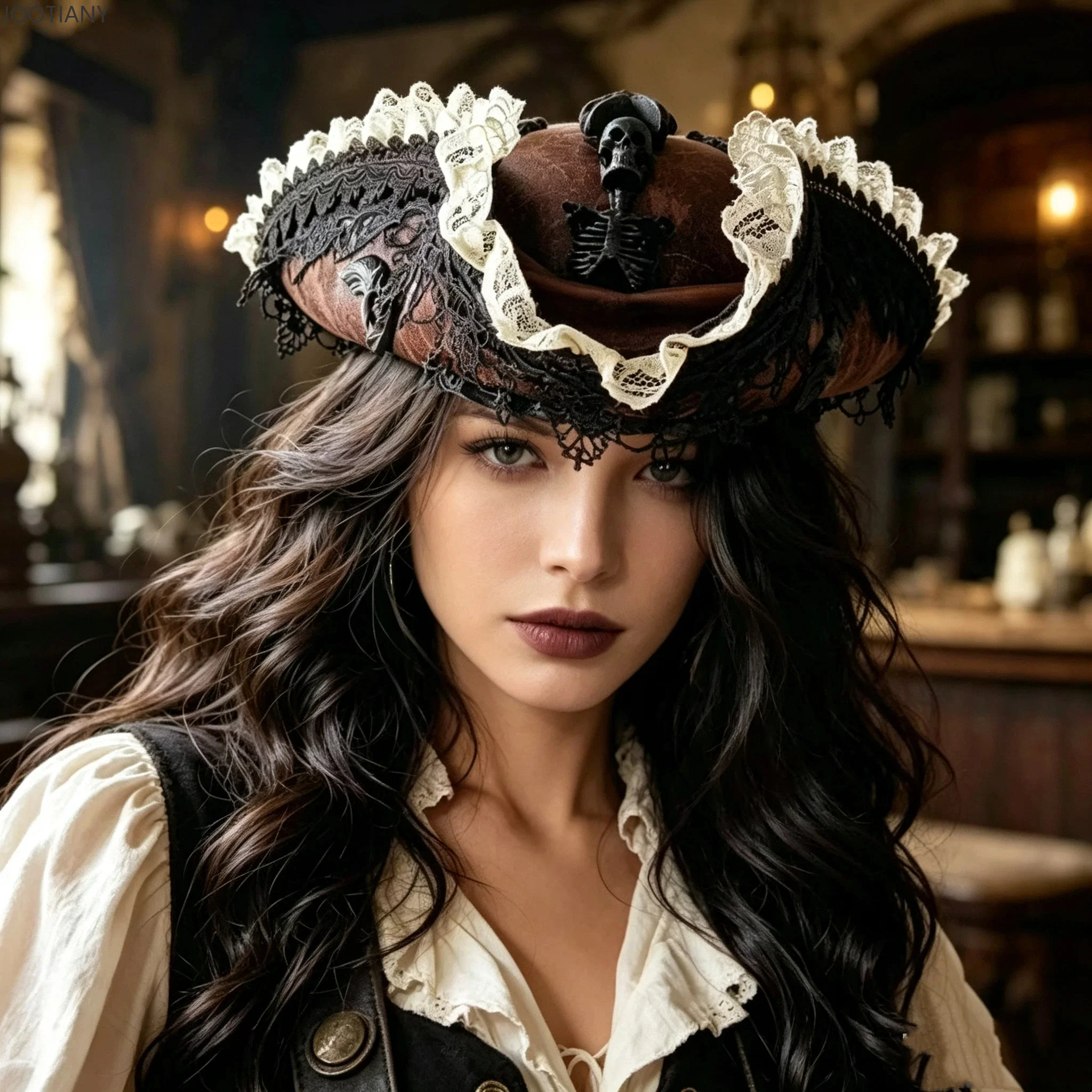 Vintage Brown Pirate Tricorn Hat Gothic Steampunk Skull Skeleton Decor Hats Retro Lace Trim Stage Party Cosplay Costume Headwear