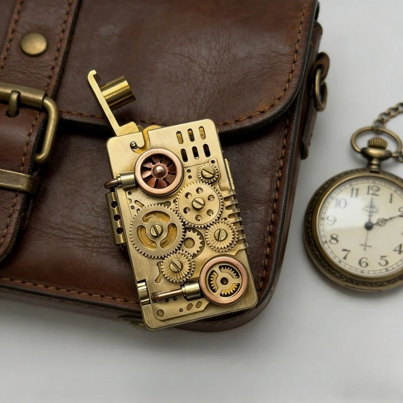 

Punk Style Brass Kerosenes Lighter,Vintage Mechanical Gear Linked Flip-Top Ignition,High Grade Personalized Smoking Gift for Men