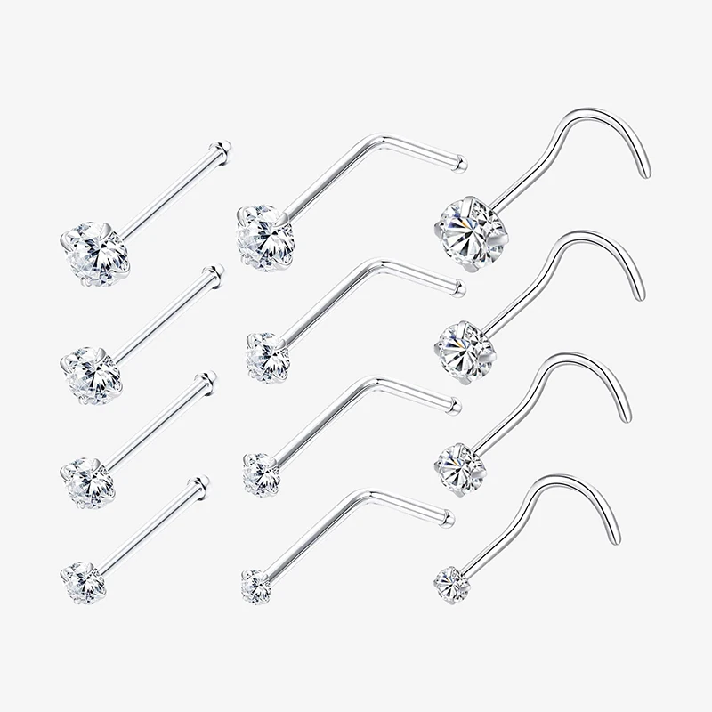 Cubic Zirconia Nose Piercing Jóias, Nariz Studs, I L Shaped Cristal Brilhante, Osso Nostril Piercing Jóias, 1.5 2 2.5 3mm, 8pcs