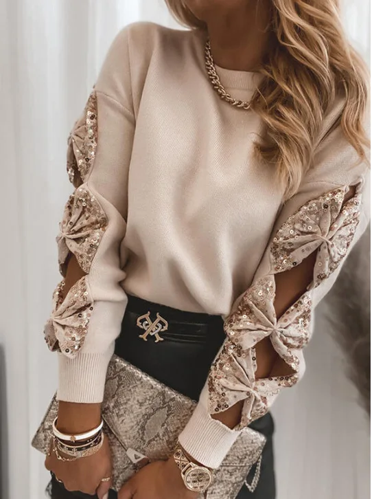 

Women's Versatile Glitter Bow Sweater Cutout Sleeve and Sequin Accent Fashionable Top