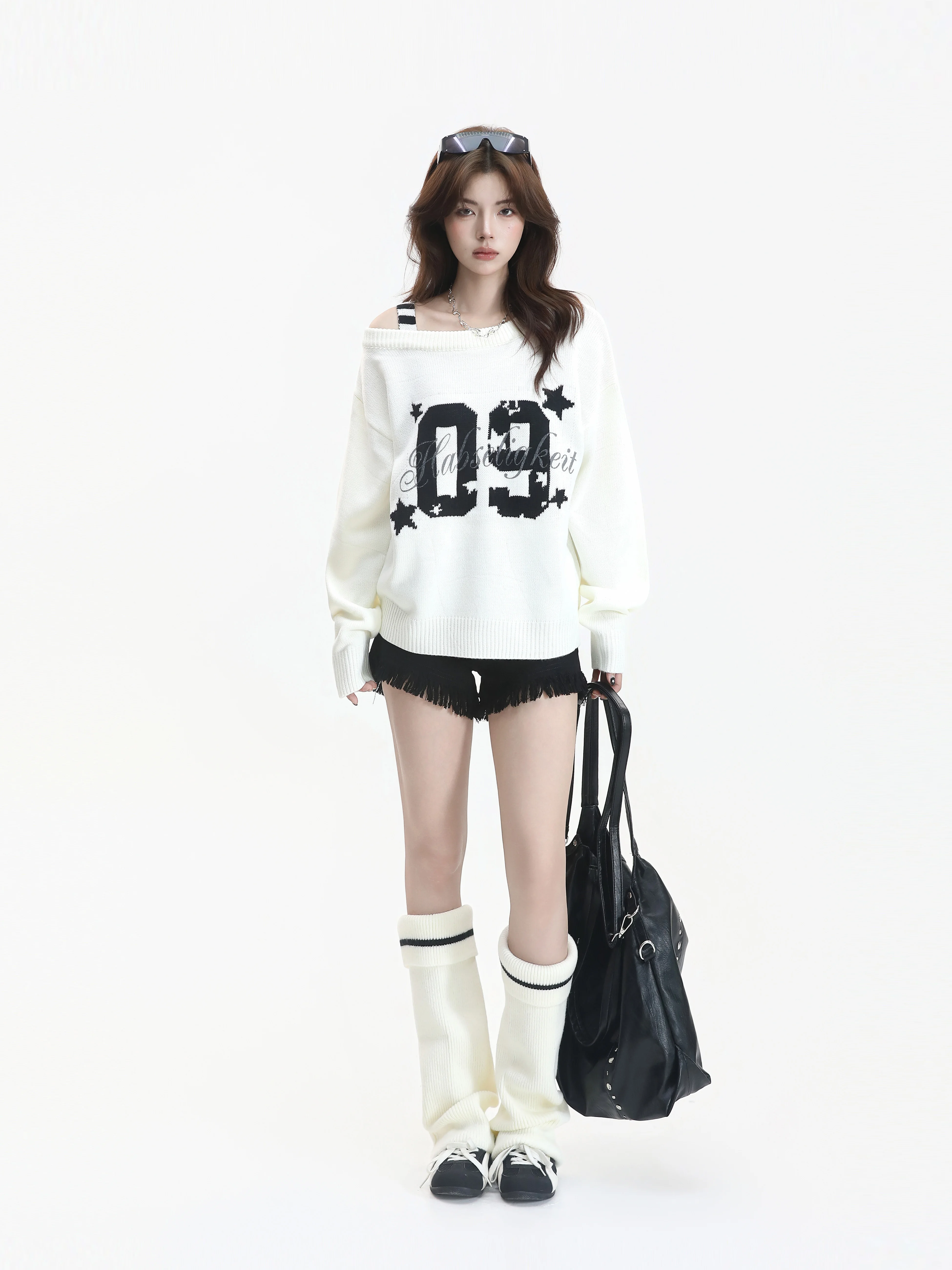American Style Loose Fit Knitted Sweater Women's Shoulder Bared Slant Collar Pure Desire Style Digital Embroidery Casual Wear