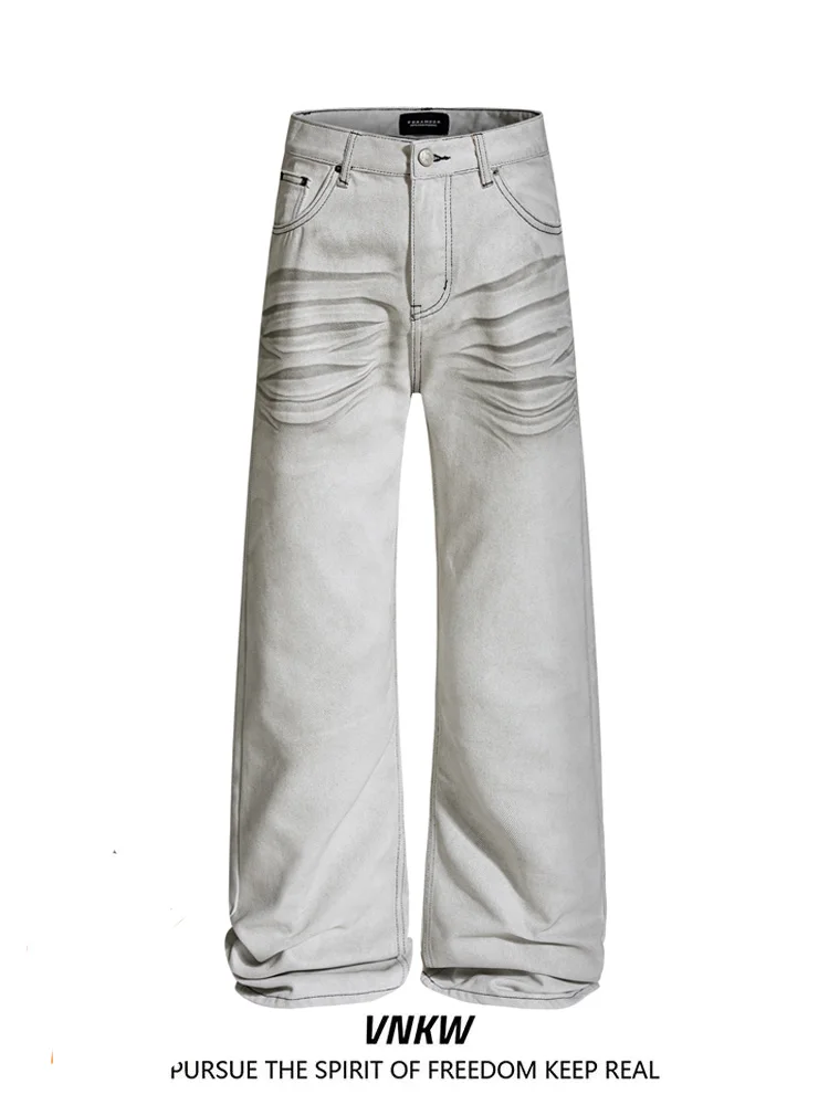 

Retro American Waed out Jeans Loose Straight Leg Trousers for Men Casual Comfortable Cotton Polyester Blend Autumn Wear