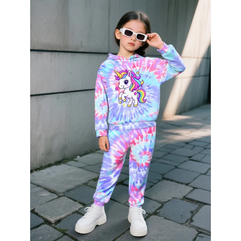 

2026 спортивный костюм с единорогом для девочек, толстовка с капюшоном и джоггеры с радужным принтом, комплект из 2 предметов, милая повседневная детская одежда