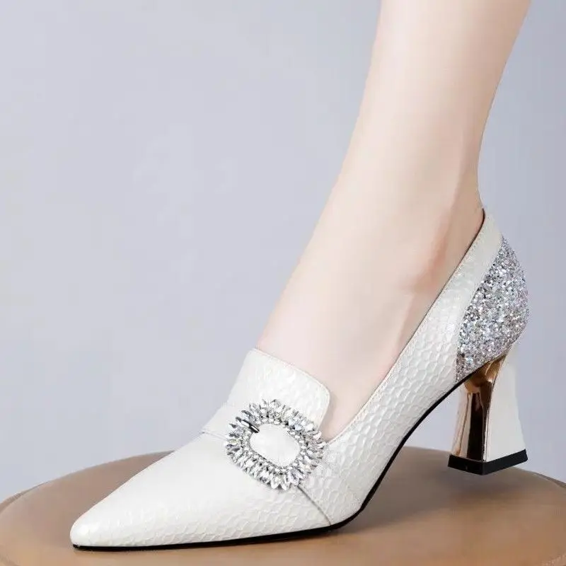 FHANCHU 2023 New Leather High Heels,Women's Rhinestone Pumps,Working Shoes,Slip On,Pointed Toe,White,Size 35-41,Dropship