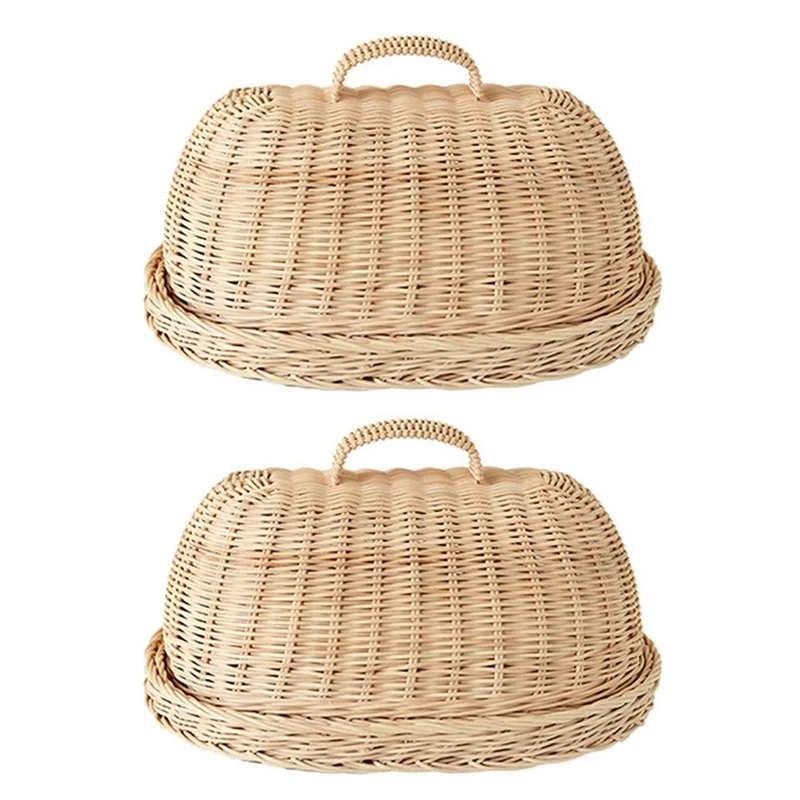 

2X Rattan Storage Tray With Cover,Hand-Woven Wicker Baskets,Bread Fruit Food Breakfast Display Box,For Food, Fruit,Etc