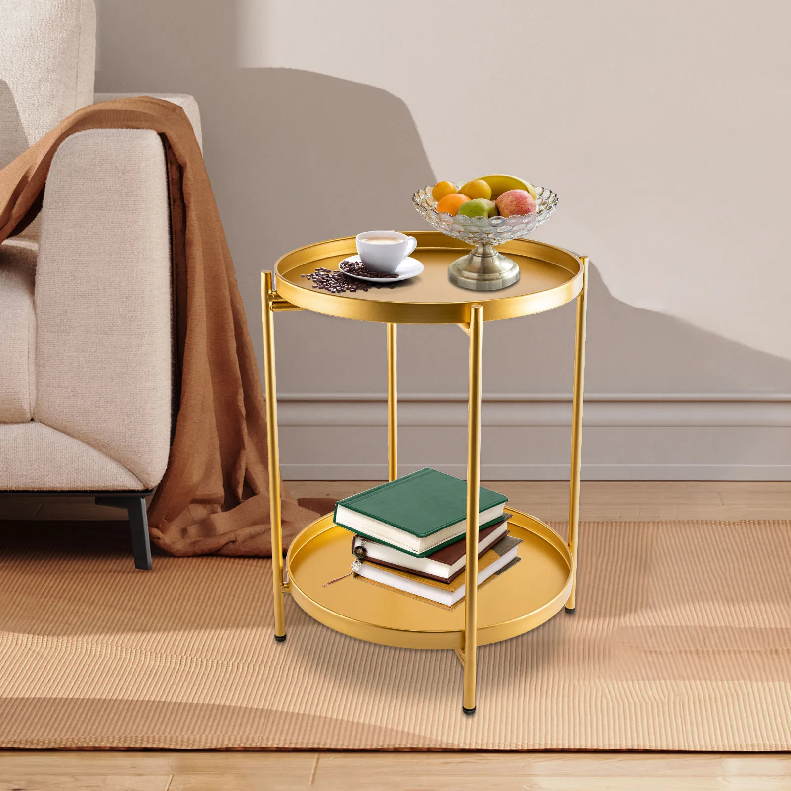 2Tiers End Table Outdoor Side Table Metal Round Side Table with Removable Tray Small Folding Accent Table Bedroom Balcony