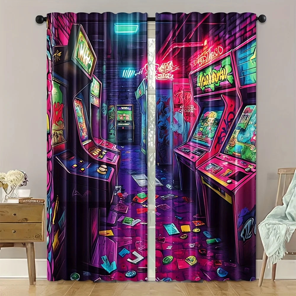 Retro Arcade Curtain, Neon Game Room Window Drape, Vintage Joystick Console Decor for Boys Bedroom, Cyberpunk Style Home Textile