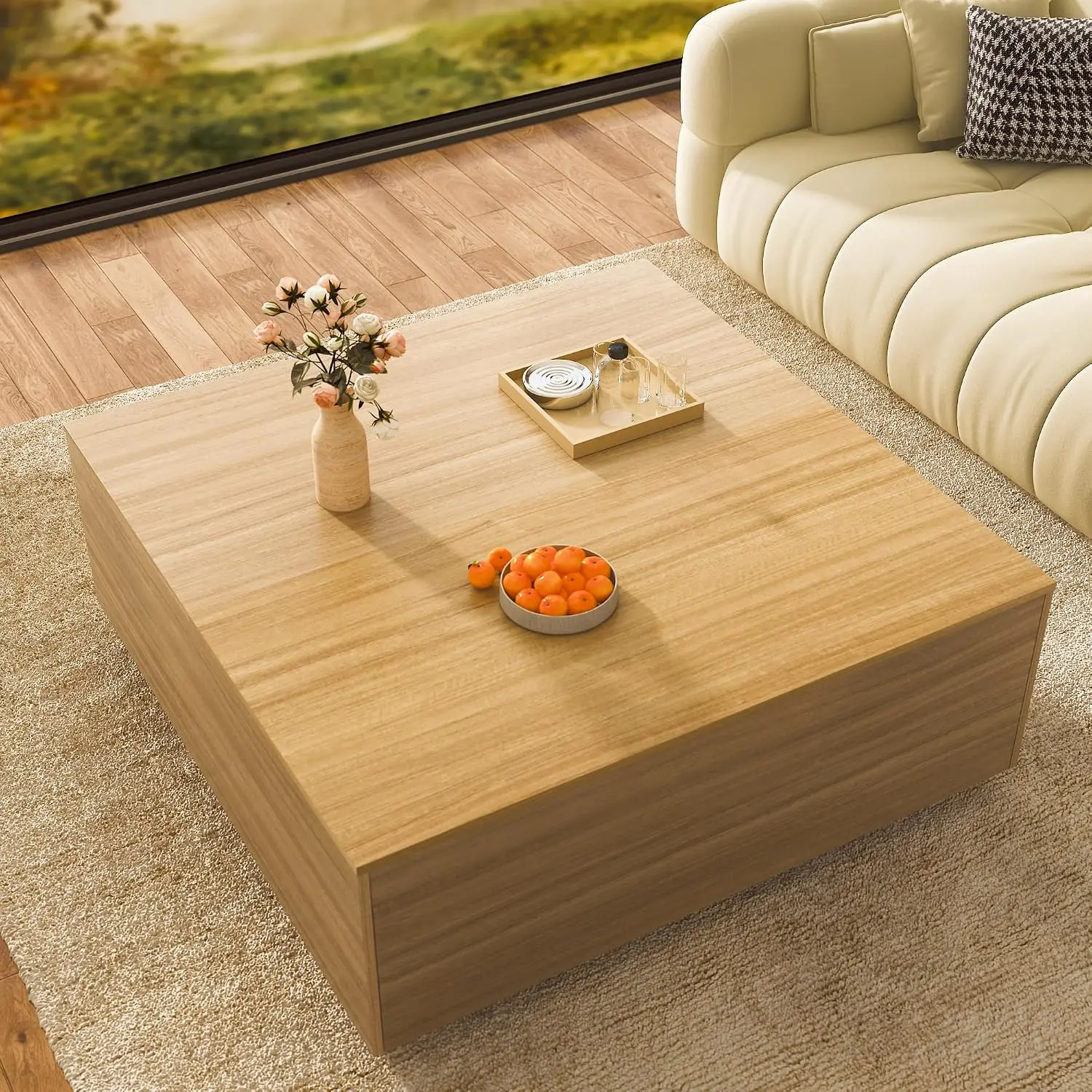 43 Inch Large Square Coffee Table with Storage Wooden Oak, Customized