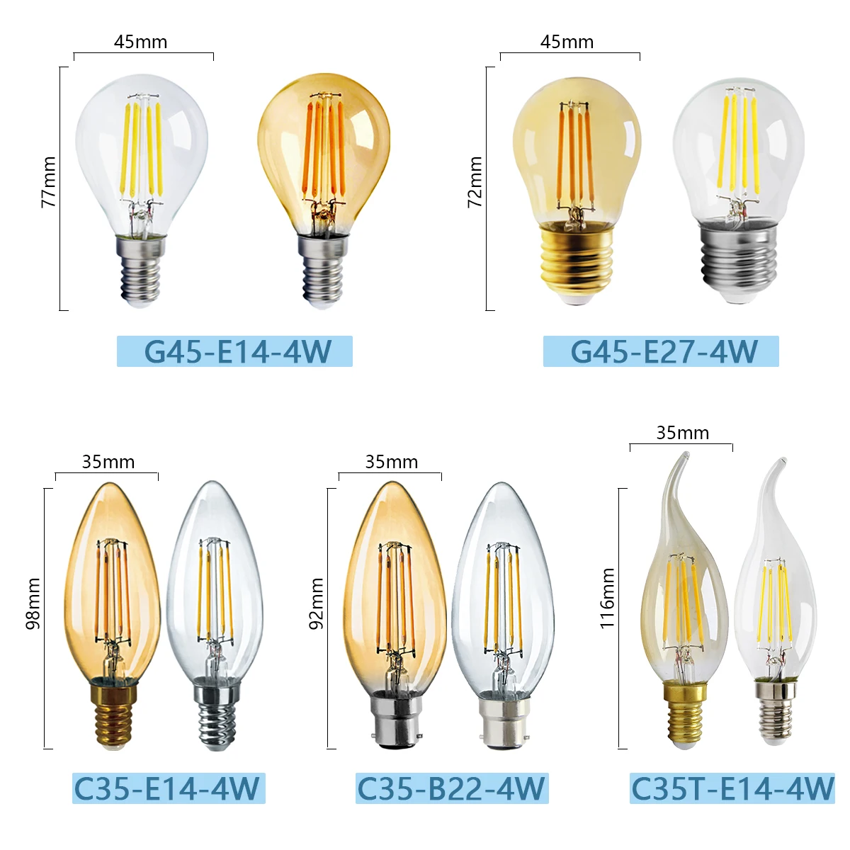 10 pièces LED Edison ampoule lampes E27 E14 B22 2700K 3000K 4000K éclairage 220V Filament Vintage Ampoule à incandescence Edison ampoules lampe