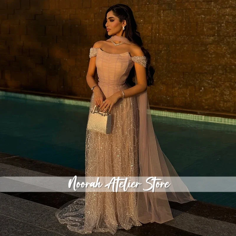 Vestido de noche elegante rosa con hombros descubiertos y perlas para mujer, vestido largo Formal de lujo para fiesta de graduación y boda, personalizado