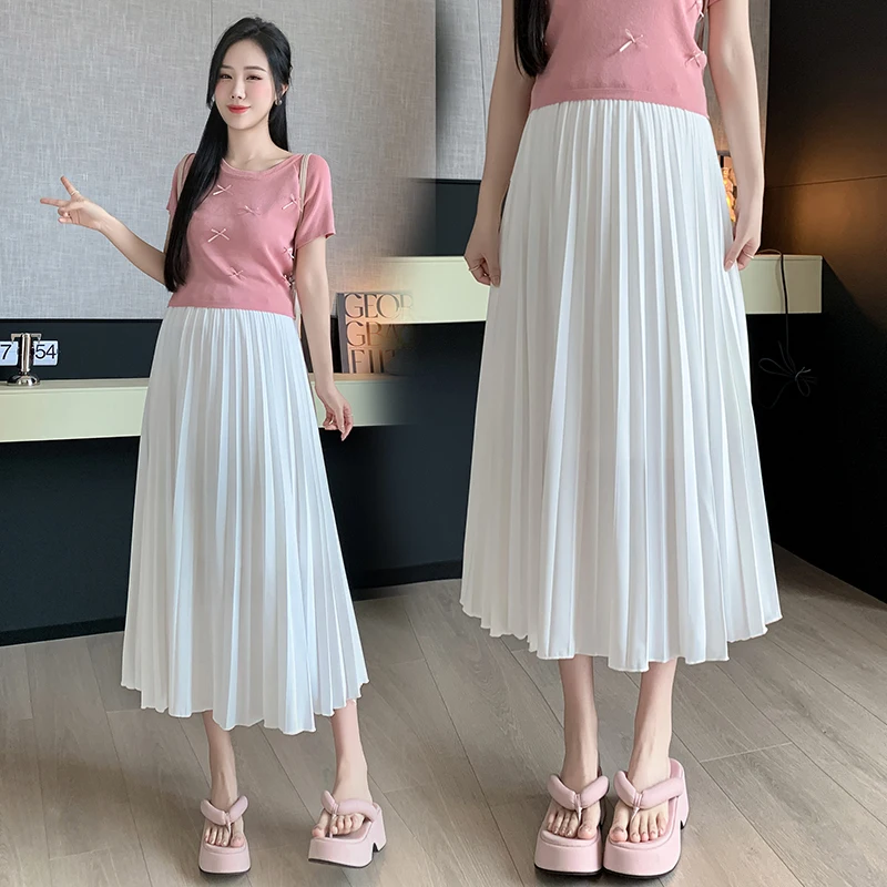 

Korean Style Maternity Pleated Skirts Fashion Long Loose Adjustable Waist Pregnant Woman Chiffon Skirts Female Large Hem Skirt