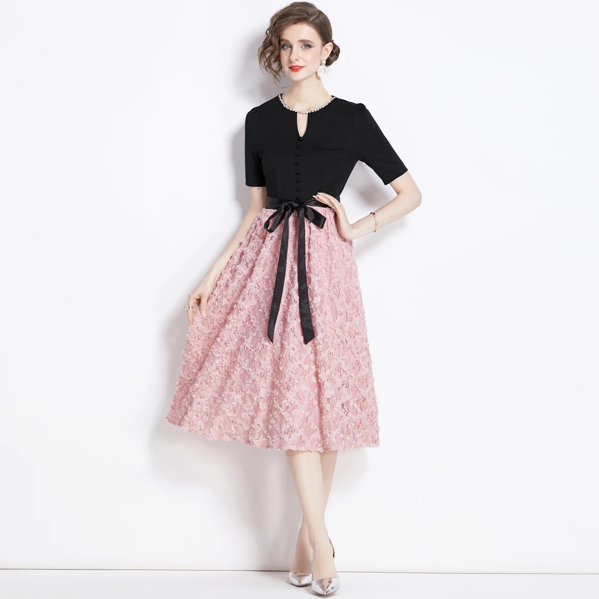 Fairycore Pink Dress Patchwork Fake Two Three-dimensional Flower Dress Skirt Hand Nail Drill Big Swing Skirt