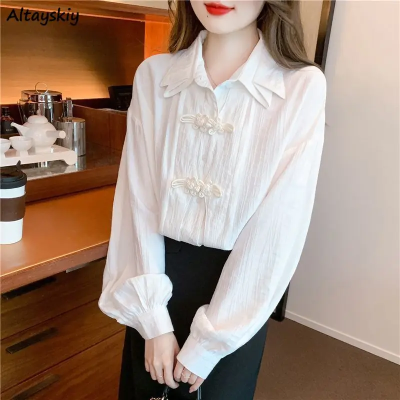 

Shirts Women Tops Chinese Knot Button Casual Temper Fashion All-match Lantern Sleeve Office Lady Classic Soft Camisas Gentle New