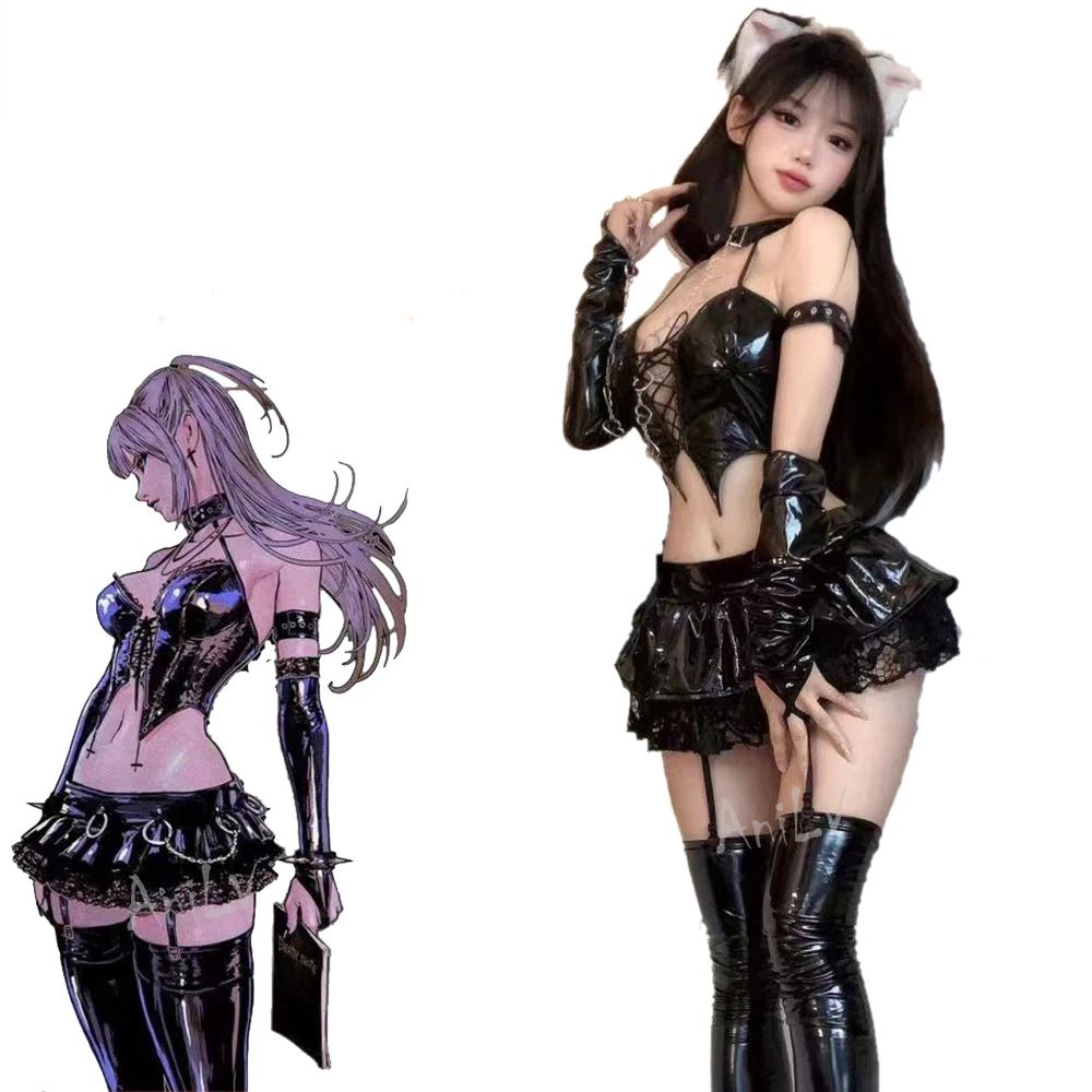 Traje de Cosplay Anime para Mulheres, Uniforme da Rainha da Cidade do Diabo, Cool Girl Punk, Roupas de Couro Cibernético, Representação de Demônios, Halloween, Sexy