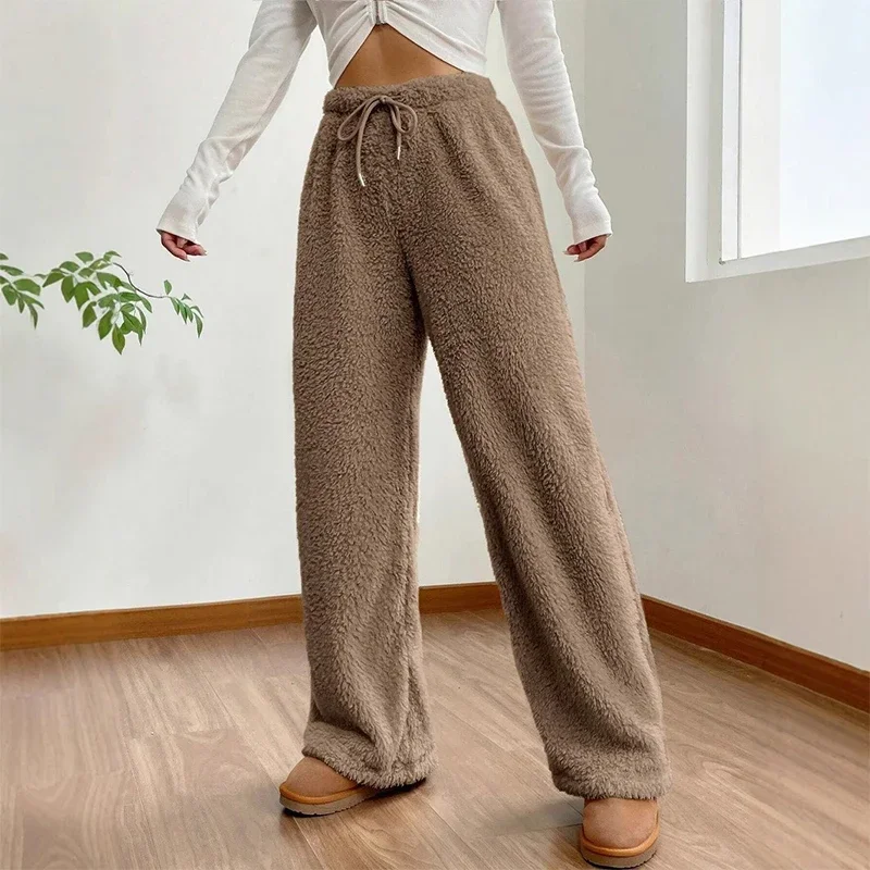 Pantalones de lana cálidos de felpa de Color liso para mujer, pantalones de chándal informales holgados con cordón para otoño e invierno, pantalones de chándal de Material cómodo de cintura alta