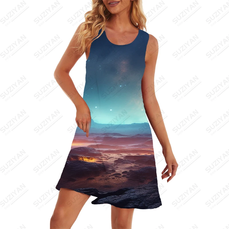 Vestido sin mangas con estampado 3D de cielo estrellado romántico para mujer, vestido informal suelto, vestido suave Simple, moda urbana de verano