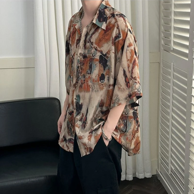 

Men's Floral Print Casual Shirt Summer Thin Viscose Short Sleeve Edgy Loose Fit Retro Hong Kong Style