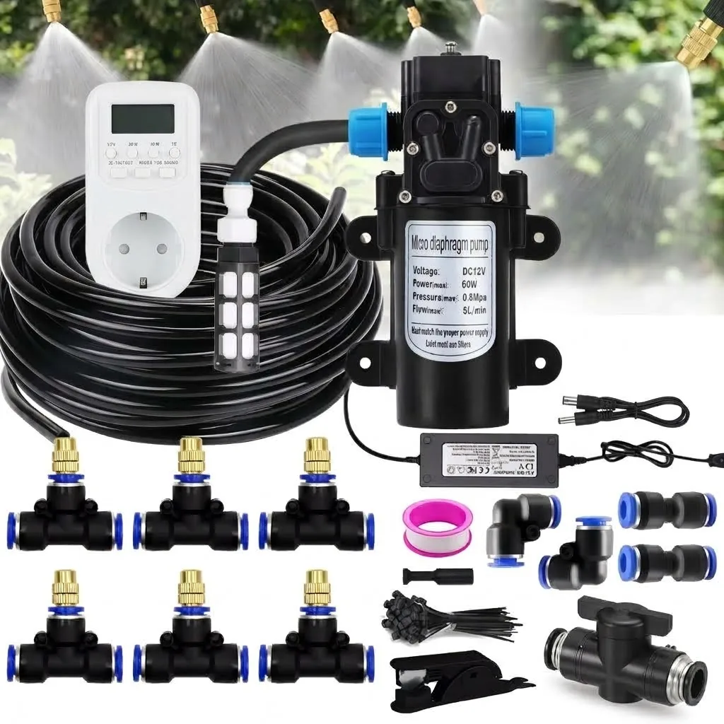 Greenhouse Garden Lawn 8mm PE Hose Brass Nozzle Automatic Mist Watering Kit With Self Priming Pump And Timing Spray Function